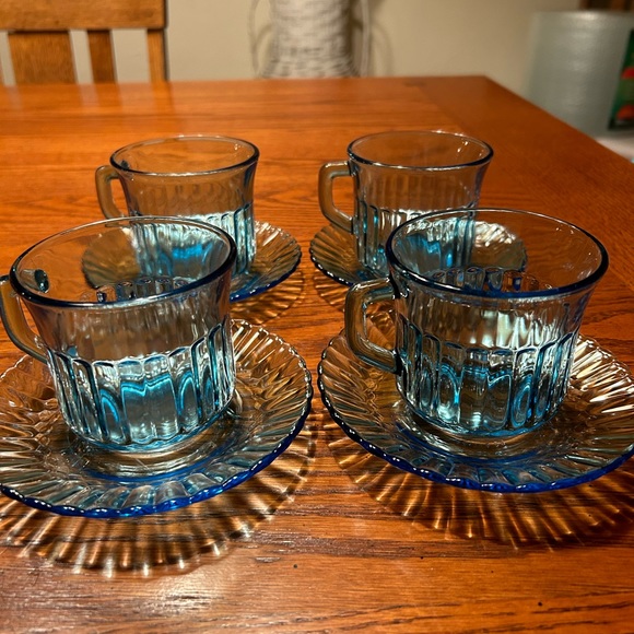 Dining 4 Vintage Fortecrisa Light Blue Glass Cup And Saucer Sets Made